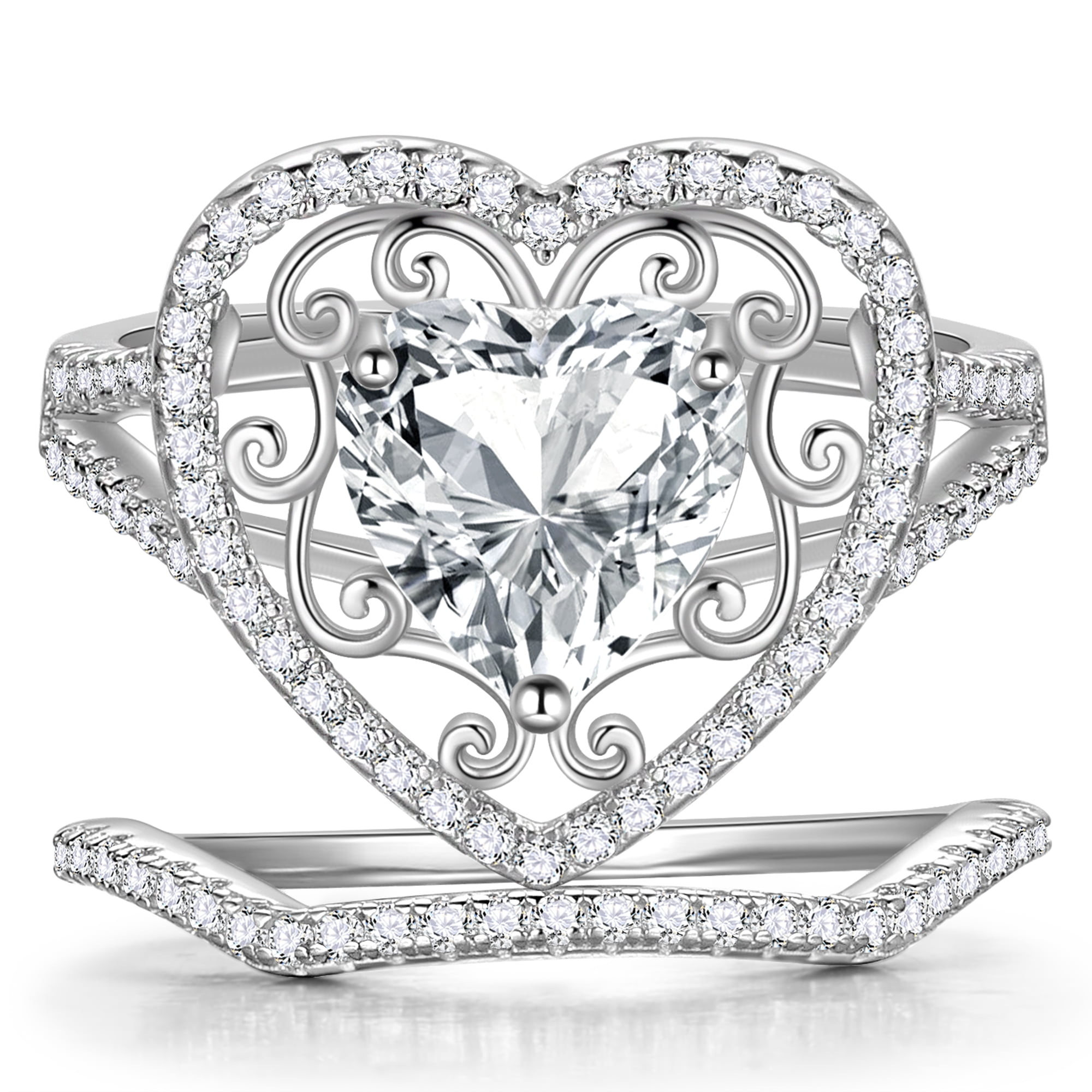 Beautlace 3.85 CT Heart Wedding Rings Set,Heart Cut 925 Sterling Silver 5A Cz Engagement Bands Promise Bridal Ring Set for Women Her Size 7